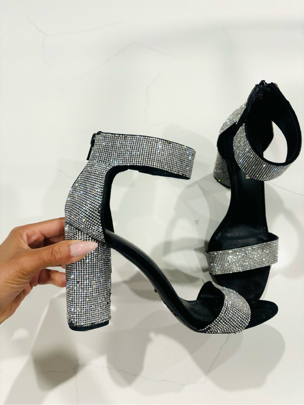 Gianni Bini Silver Rhinestone Block Heel Sandals